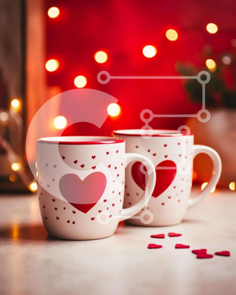 Intra Συλλεκτικό Ξύλινο Παζλ Plywood  4mm - Λευκές κούπες καφέ με σχέδια καρδιά στο τραπέζι με χριστουγεννιάτικα φωτάκια Σε Ξύλινο Κουτί - Διαστάσεις: 10x10 cm – 25 κομμάτια