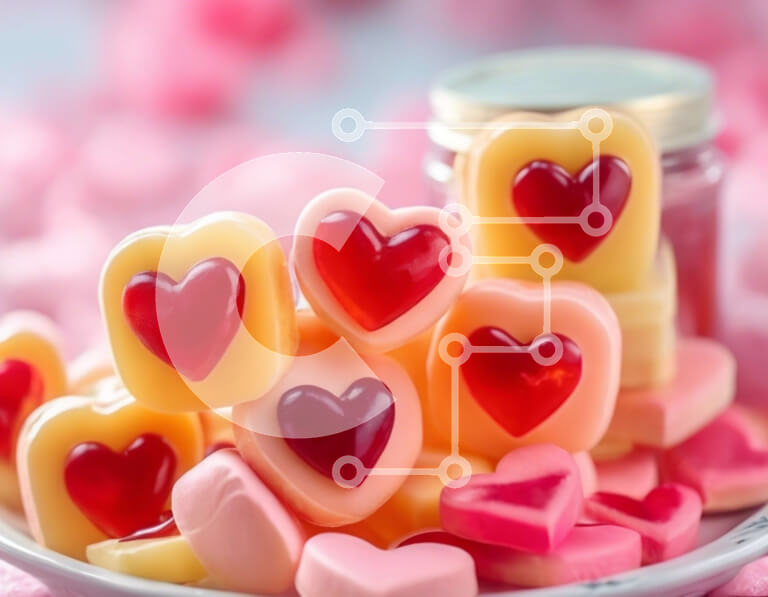 Σετ των 2 Intra Συλλεκτικό Ξύλινο Παζλ Plywood  4mm - Καραμέλες σε σχήμα καρδιάς για την ημέρα του Αγίου Βαλεντίνου σε λευκό πιάτο Σε Ξύλινο Κουτί - Διαστάσεις: 10x10 cm – 25 κομμάτια