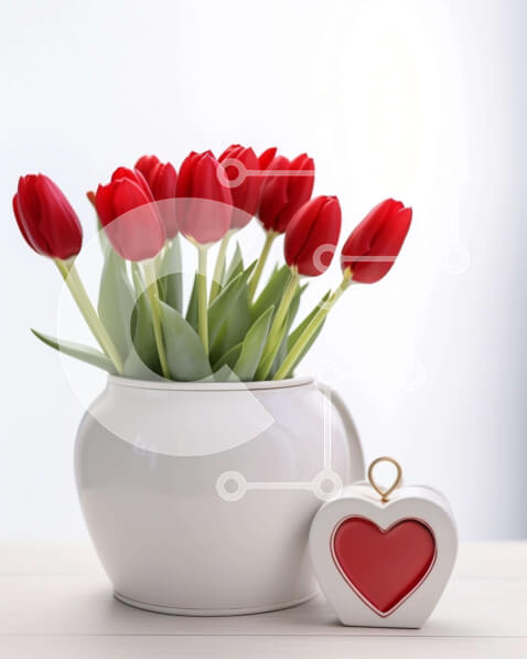 Intra Συλλεκτικό Ξύλινο Παζλ Plywood  4mm - Λευκό βάζο με κόκκινες τουλίπες και διακοσμητικό δοχείο καρδιών Σε Ξύλινο Κουτί - Διαστάσεις Puzzle: 10x10 cm – 25 κομμάτια