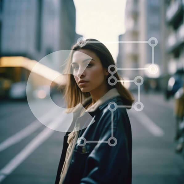 Intra Συλλεκτικό Ξύλινο Παζλ Plywood  4mm - Νεαρή γυναίκα στην αστική σκηνή του δρόμου Σε Ξύλινο Κουτί - Διαστάσεις Puzzle: 10x10 cm – 25 κομμάτια