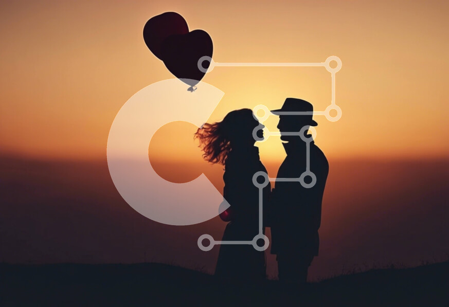 Intra Συλλεκτικό Ξύλινο Παζλ Plywood  4mm - Σιλουέτα του ζευγαριού που κρατά τα μπαλόνια στο ηλιοβασίλεμα Σε Ξύλινο Κουτί - Διαστάσεις Puzzle: 10x10 cm – 25 κομμάτια