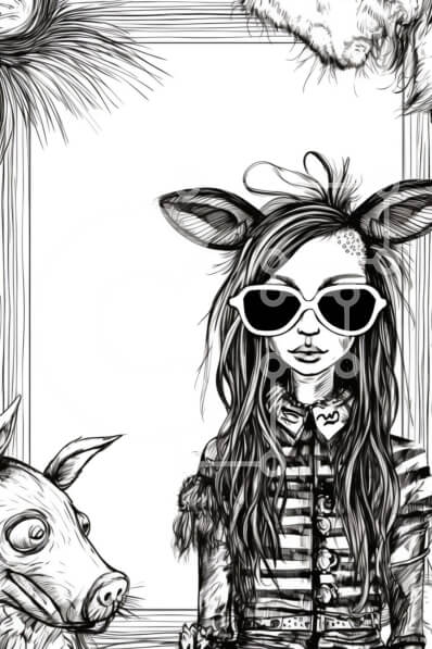 Intra Συλλεκτικό Ξύλινο Παζλ Plywood  4mm - Κορίτσι με αυτιά ζώων και γυαλιά ηλίου που στέκεται μπροστά από το πλαίσιο των ζώων Σε Ξύλινο Κουτί - Διαστάσεις Puzzle: 10x10 cm – 25 κομμάτια