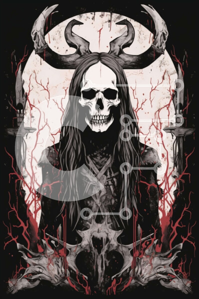 Intra Συλλεκτικό Ξύλινο Παζλ Plywood  4mm - Κρανίο με μακριά μαλλιά και κέρατα που κρατούν ξίφη μπροστά από την πανσέληνο Σε Ξύλινο Κουτί - Διαστάσεις Puzzle: 10x10 cm – 25 κομμάτια