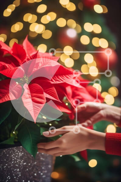 Intra Συλλεκτικό Ξύλινο Παζλ Plywood  4mm - Άτομο που κρατά κόκκινα λουλούδια poinsettia μπροστά από ένα χριστουγεννιάτικο δέντρο Σε Ξύλινο Κουτί - Διαστάσεις: 10x10 cm – 25 κομμάτια