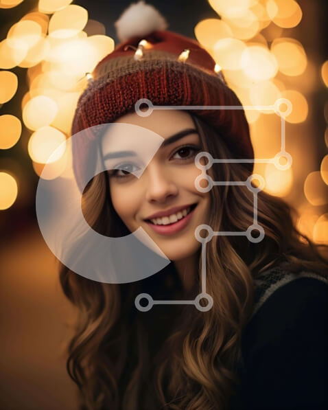 Intra Συλλεκτικό Ξύλινο Παζλ Plywood  4mm - Χαμογελαστή γυναίκα με σγουρά μαλλιά και πορτοκαλί καπέλο μπανιέ μπροστά από τα πολύχρωμα χριστουγεννιάτικα φώτα Σε Ξύλινο Κουτί - Διαστάσεις Puzzle: 10x10 cm – 25 κομμάτια