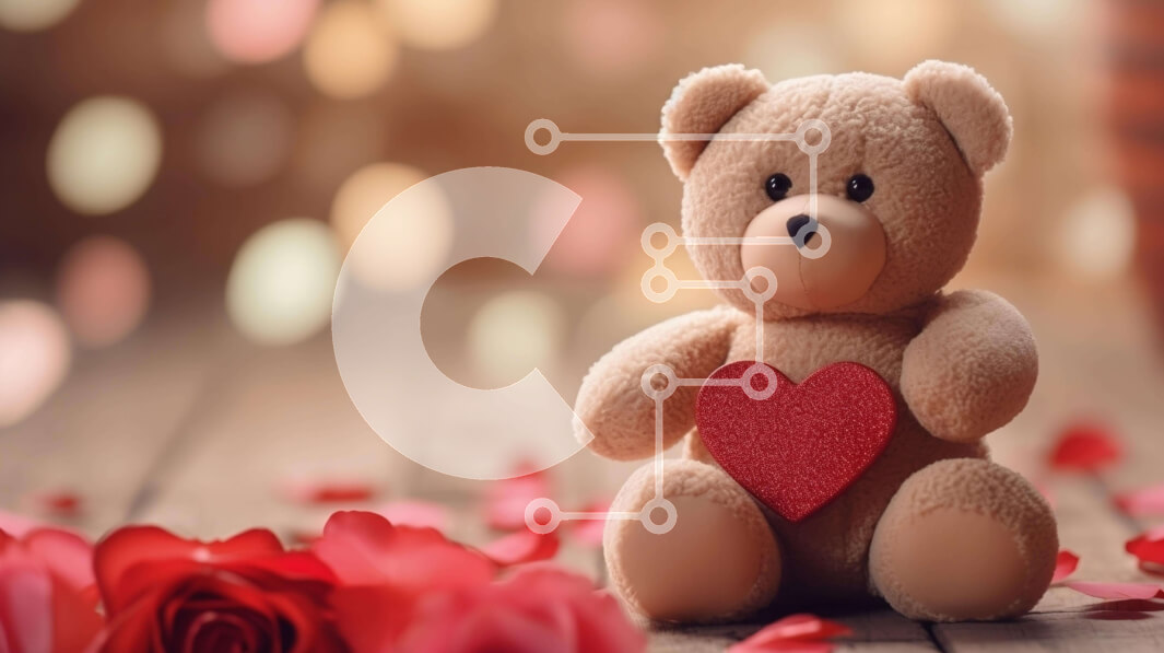 Intra Συλλεκτικό Ξύλινο Παζλ Plywood  4mm - Teddy Bear σε κόκκινα τριαντάφυλλα με φώτα Bokeh Σε Ξύλινο Κουτί - Διαστάσεις Puzzle: 10x10 cm – 25 κομμάτια