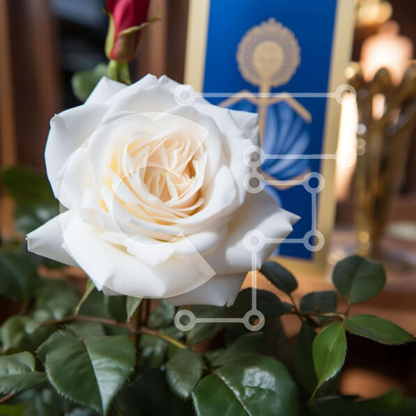 Intra Συλλεκτικό Ξύλινο Παζλ Plywood  4mm - Λευκό τριαντάφυλλο σε φλοράλ σύνθεση με χρυσό σταυρό στο επάνω μέρος Σε Ξύλινο Κουτί - Διαστάσεις Puzzle: 10x10 cm – 25 κομμάτια