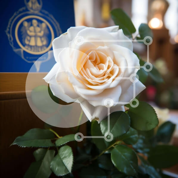 Intra Συλλεκτικό Ξύλινο Παζλ Plywood  4mm - Λευκό τριαντάφυλλο στην εκκλησία με το μπλε πανό Σε Ξύλινο Κουτί - Διαστάσεις: 10x10 cm – 25 κομμάτια