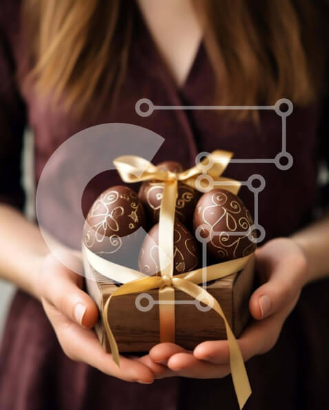 Intra Συλλεκτικό Ξύλινο Παζλ Plywood  4mm - Γυναίκα που κρατά ένα ξύλινο κουτί με σοκολατένια αυγά Πάσχας με χρυσές κορδέλες και φιόγκους Σε Ξύλινο Κουτί - Διαστάσεις: 10x10 cm – 25 κομμάτια