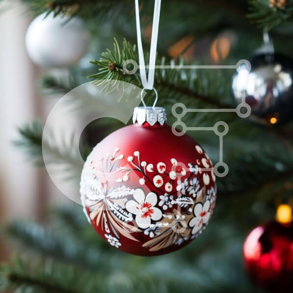 Intra Συλλεκτικό Ξύλινο Παζλ Plywood  4mm - Κόκκινο στολίδι που κρέμεται από χριστουγεννιάτικο δέντρο με λουλουδάτα σχέδια Σε Ξύλινο Κουτί - Διαστάσεις: 10x10 cm – 25 κομμάτια