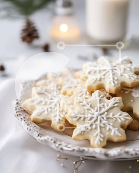 Intra Συλλεκτικό Ξύλινο Παζλ Plywood  4mm - Μπισκότα σε σχήμα νιφάδας χιονιού σε λευκό πιάτο με κεριά και κουκουνάρια Σε Ξύλινο Κουτί - Διαστάσεις: 10x10 cm – 25 κομμάτια