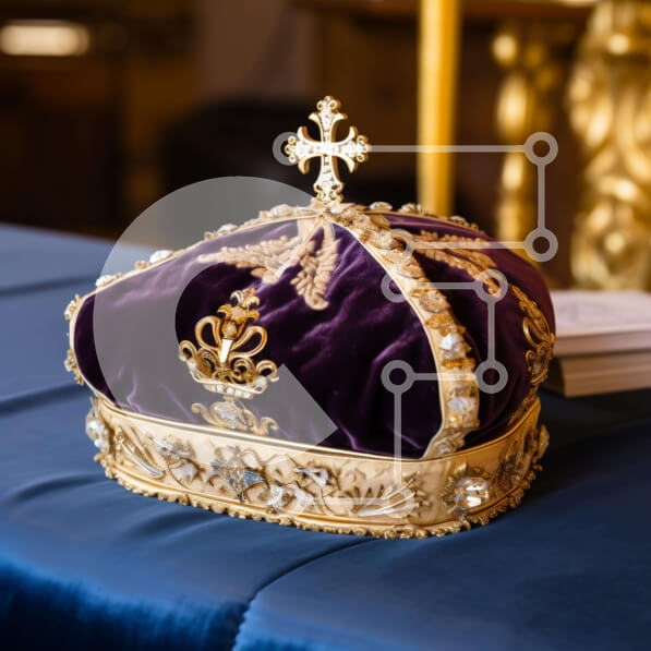 Intra Συλλεκτικό Ξύλινο Παζλ Plywood  4mm - Μωβ και χρυσό στέμμα σε κομψό μπλε τραπέζι Σε Ξύλινο Κουτί - Διαστάσεις Puzzle: 10x10 cm – 25 κομμάτια