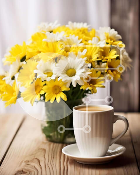 Σετ των 2 Intra Συλλεκτικό Ξύλινο Παζλ Plywood  4mm - Φλιτζάνι καφέ με μαργαρίτες σε ξύλινο τραπέζι Σε Ξύλινο Κουτί - Διαστάσεις: 10x10 cm – 25 κομμάτια