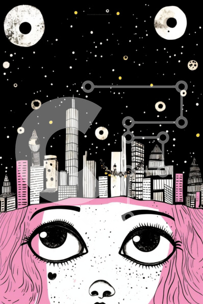 Intra Συλλεκτικό Ξύλινο Παζλ Plywood  4mm - Κορίτσι με ροζ μαλλιά και αστικό τοπίο Σε Ξύλινο Κουτί - Διαστάσεις Puzzle: 10x10 cm – 25 κομμάτια