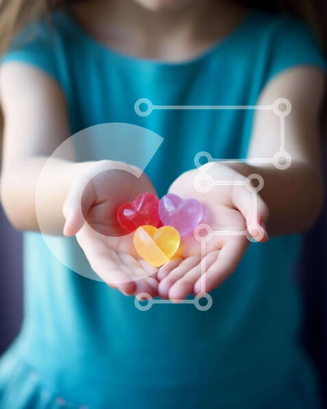 Intra Συλλεκτικό Ξύλινο Παζλ Plywood  4mm - Νεαρό κορίτσι που κρατά πολύχρωμα ζελέ φασόλια σε σχήμα καρδιάς Σε Ξύλινο Κουτί - Διαστάσεις Puzzle: 10x10 cm – 25 κομμάτια