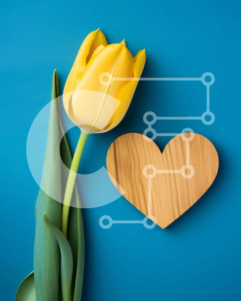 Σετ των 2 Intra Συλλεκτικό Ξύλινο Παζλ Plywood  4mm - Κίτρινη τουλίπα και αποκοπή σε σχήμα καρδιάς σε μπλε φόντο Σε Ξύλινο Κουτί - Διαστάσεις: 10x10 cm – 25 κομμάτια