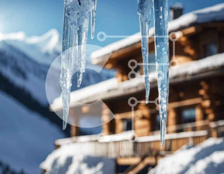 Intra Συλλεκτικό Ξύλινο Παζλ Plywood  4mm - Χειμερινό τοπίο με παγάκια που κρέμονται από ένα ξύλινο σπίτι στα χιονισμένα βουνά Σε Ξύλινο Κουτί - Διαστάσεις: 10x10 cm – 25 κομμάτια