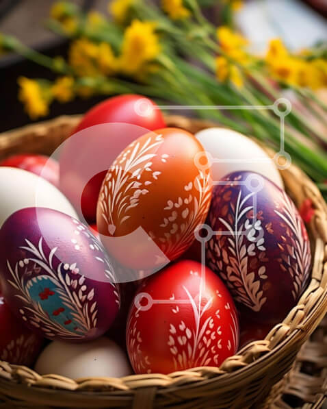 Intra Συλλεκτικό Ξύλινο Παζλ Plywood  4mm - Πολύχρωμα Πασχαλινά αυγά και κίτρινα λουλούδια στο καλάθι Σε Ξύλινο Κουτί - Διαστάσεις: 10x10 cm – 25 κομμάτια