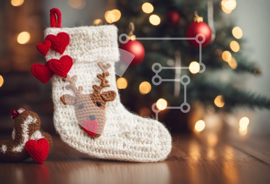 Intra Συλλεκτικό Ξύλινο Παζλ Plywood  4mm - Πλεκτή κάλτσα με κόκκινες καρδιές, διακοσμημένο σπίτι με μελόψωμο και χριστουγεννιάτικο δέντρο Σε Ξύλινο Κουτί - Διαστάσεις: 10x10 cm – 25 κομμάτια