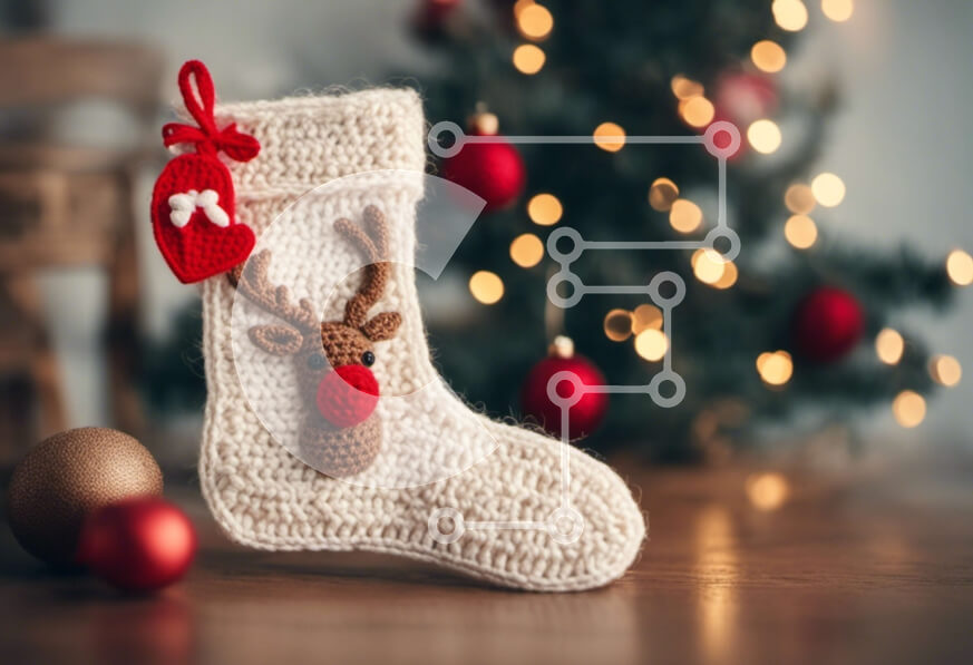 Intra Συλλεκτικό Ξύλινο Παζλ Plywood  4mm - Πλεκτή κάλτσα τάρανδος με χριστουγεννιάτικο δέντρο Σε Ξύλινο Κουτί - Διαστάσεις: 10x10 cm – 25 κομμάτια