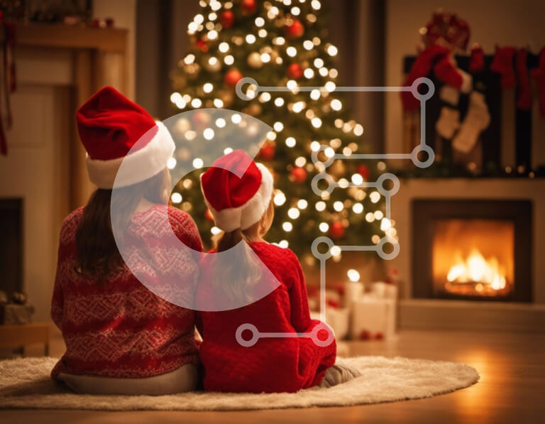 Intra Συλλεκτικό Ξύλινο Παζλ Plywood  4mm - Δύο νεαρά κορίτσια απολαμβάνουν το χρόνο τους μπροστά από ένα χριστουγεννιάτικο δέντρο Σε Ξύλινο Κουτί - Διαστάσεις: 10x10 cm – 25 κομμάτια