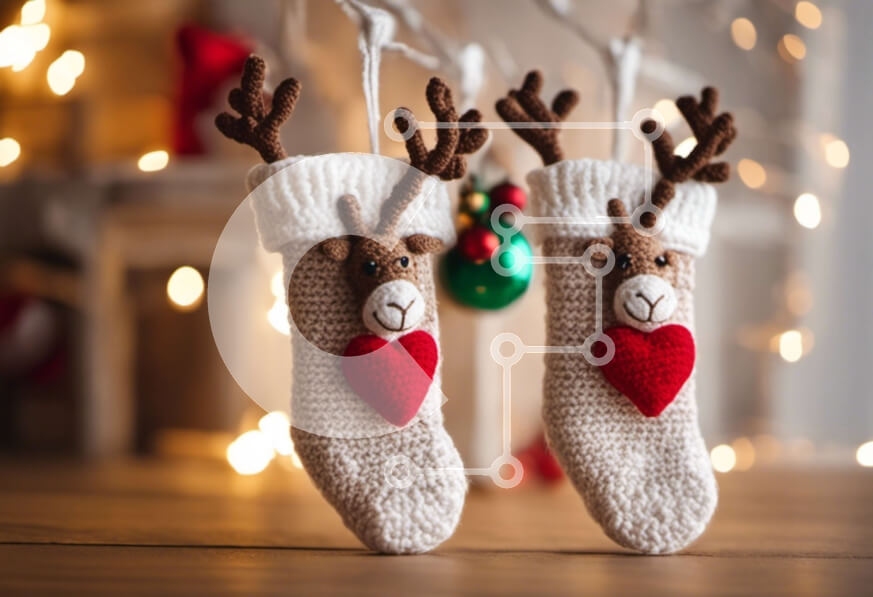 Intra Συλλεκτικό Ξύλινο Παζλ Plywood  4mm - Πλεκτές κάλτσες ταράνδου διακοσμημένες με κόκκινες καρδιές σε ξύλινο τοίχο Σε Ξύλινο Κουτί - Διαστάσεις: 10x10 cm – 25 κομμάτια