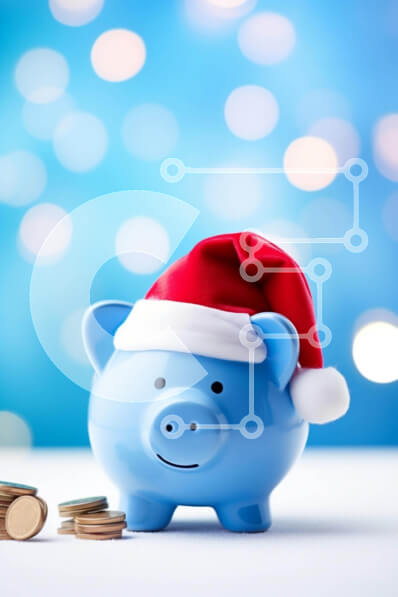 Intra Συλλεκτικό Ξύλινο Παζλ Plywood  4mm - Μπλε κουμπαράς με καπέλο Άγιου Βασίλη και στοίβες νομισμάτων Σε Ξύλινο Κουτί - Διαστάσεις: 10x10 cm – 25 κομμάτια