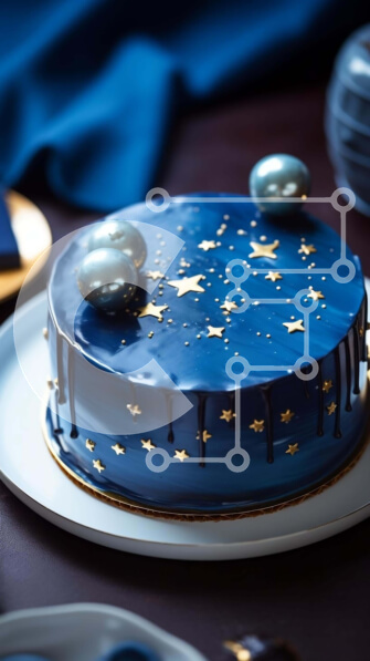 Intra Συλλεκτικό Ξύλινο Παζλ Plywood  4mm - Μπλε κέικ με χρυσά αστέρια και μαργαριτάρια σε κομψό λευκό πιάτο Σε Ξύλινο Κουτί - Διαστάσεις: 10x10 cm – 25 κομμάτια