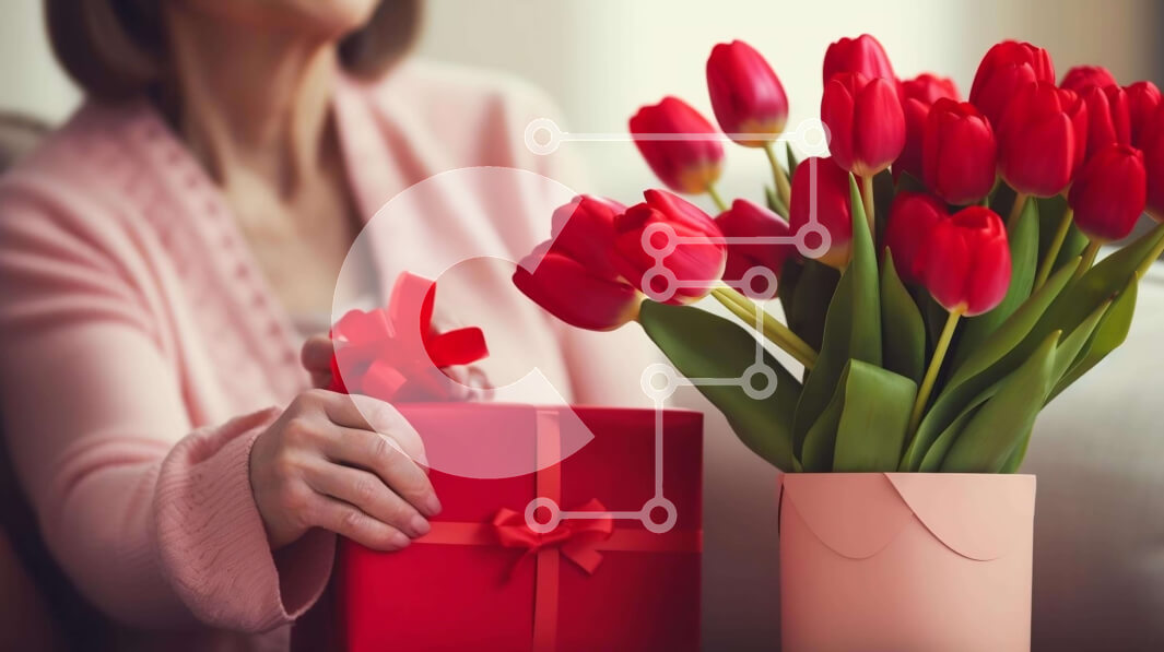 Intra Συλλεκτικό Ξύλινο Παζλ Plywood  4mm - Γυναίκα που κρατά κόκκινο κουτί δώρου με τουλίπες και τριαντάφυλλα Σε Ξύλινο Κουτί - Διαστάσεις: 10x10 cm – 25 κομμάτια