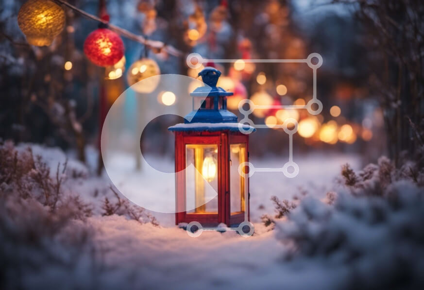 Intra Συλλεκτικό Ξύλινο Παζλ Plywood  4mm - Κόκκινο και μπλε φανάρι στο χιόνι Σε Ξύλινο Κουτί - Διαστάσεις: 10x10 cm – 25 κομμάτια