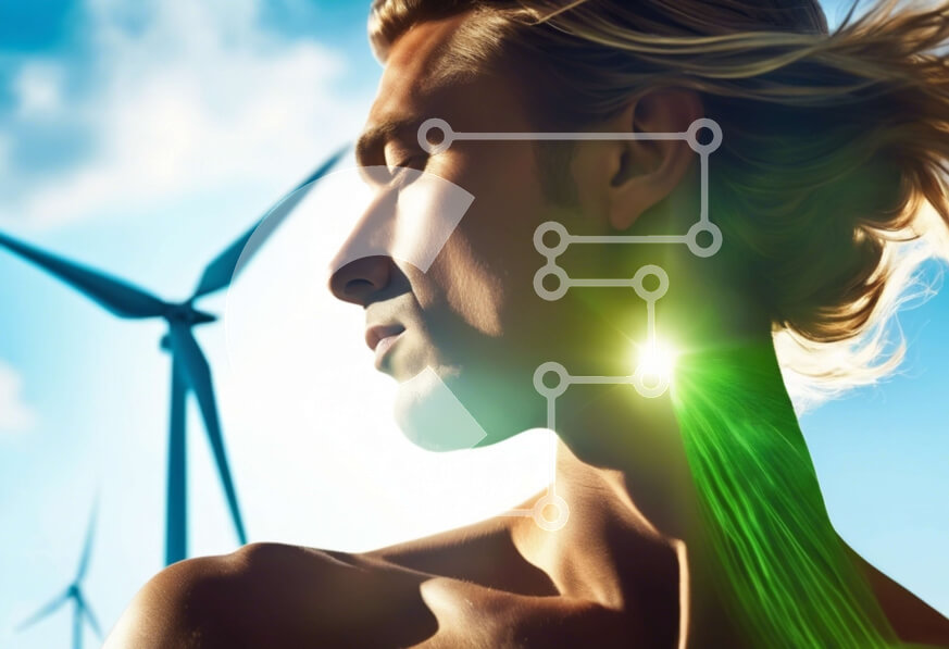 Intra Συλλεκτικό Ξύλινο Παζλ Plywood  4mm - Γυναίκα μπροστά από τις ανεμογεννήτριες με το πράσινο φως Σε Ξύλινο Κουτί - Διαστάσεις Puzzle: 10x10 cm – 25 κομμάτια