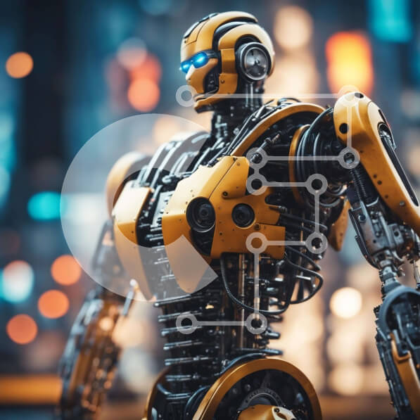 Intra Συλλεκτικό Ξύλινο Παζλ Plywood  4mm - Κίτρινο ρομπότ με μπλε μάτια σε αστικό περιβάλλον Σε Ξύλινο Κουτί - Διαστάσεις Puzzle: 10x10 cm – 25 κομμάτια