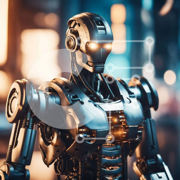 Intra Συλλεκτικό Ξύλινο Παζλ Plywood  4mm - Ρομπότ που στέκεται μπροστά από το φωτισμένο αστικό τοπίο Σε Ξύλινο Κουτί - Διαστάσεις Puzzle: 10x10 cm – 25 κομμάτια