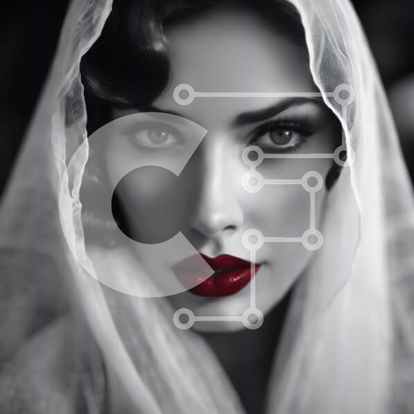 Σετ των 2 Intra Συλλεκτικό Ξύλινο Παζλ Plywood  4mm - Γυναίκα με ασπρόμαυρη εικόνα με περίτεχνο πέπλο και κόκκινα χείλη Σε Ξύλινο Κουτί - Διαστάσεις: 10x10 cm – 25 κομμάτια