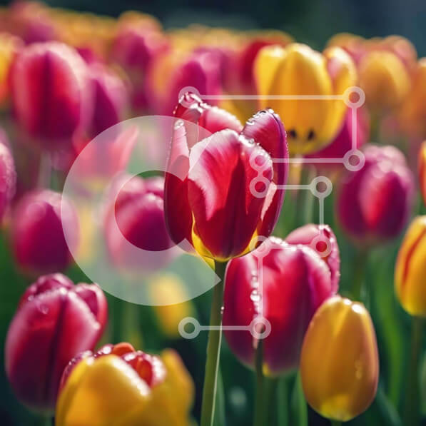 Intra Συλλεκτικό Ξύλινο Παζλ Plywood  4mm - Ζωηρό πεδίο τουλιπών με σταγονίδια νερού Σε Ξύλινο Κουτί - Διαστάσεις: 10x10 cm – 25 κομμάτια