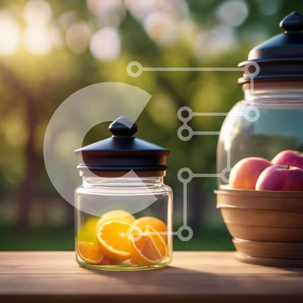 Σετ των 2 Intra Συλλεκτικό Ξύλινο Παζλ Plywood  4mm - Γυάλινα βάζα με μήλα και πορτοκάλια σε ένα ξύλινο τραπέζι Σε Ξύλινο Κουτί - Διαστάσεις: 10x10 cm – 25 κομμάτια