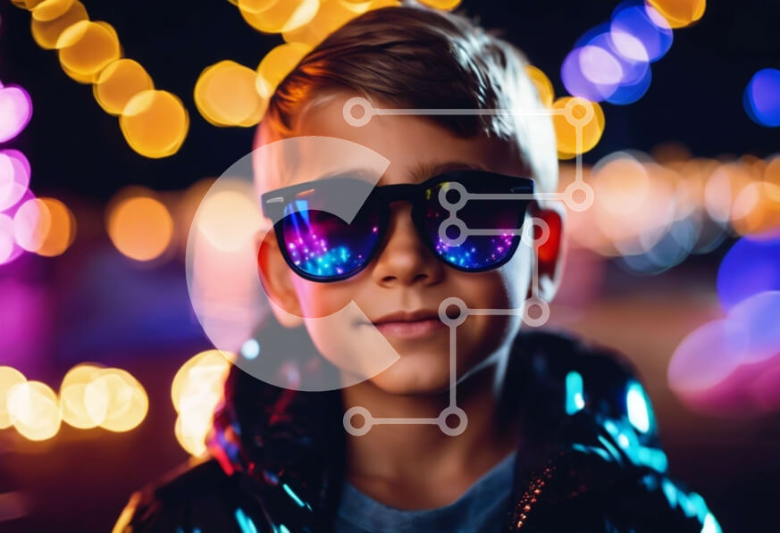 Intra Συλλεκτικό Ξύλινο Παζλ Plywood  4mm - Νεαρό αγόρι που φοράει γυαλιά ηλίου τη νύχτα Σε Ξύλινο Κουτί - Διαστάσεις Puzzle: 10x10 cm – 25 κομμάτια