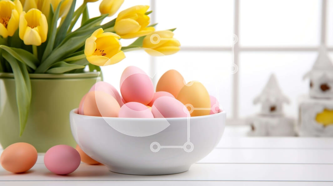 Intra Συλλεκτικό Ξύλινο Παζλ Plywood  4mm - Πολύχρωμα Πασχαλινά αυγά σε λευκό μπολ με τουλίπες Σε Ξύλινο Κουτί - Διαστάσεις: 10x10 cm – 25 κομμάτια