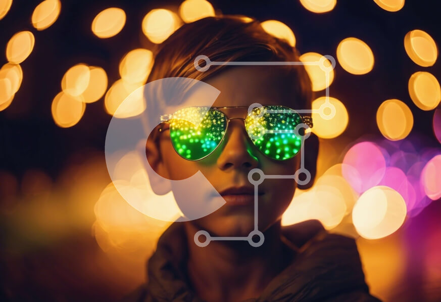 Intra Συλλεκτικό Ξύλινο Παζλ Plywood  4mm - Νεαρό αγόρι με πολύχρωμα γυαλιά ηλίου και φωτισμένο φόντο Σε Ξύλινο Κουτί - Διαστάσεις Puzzle: 10x10 cm – 25 κομμάτια