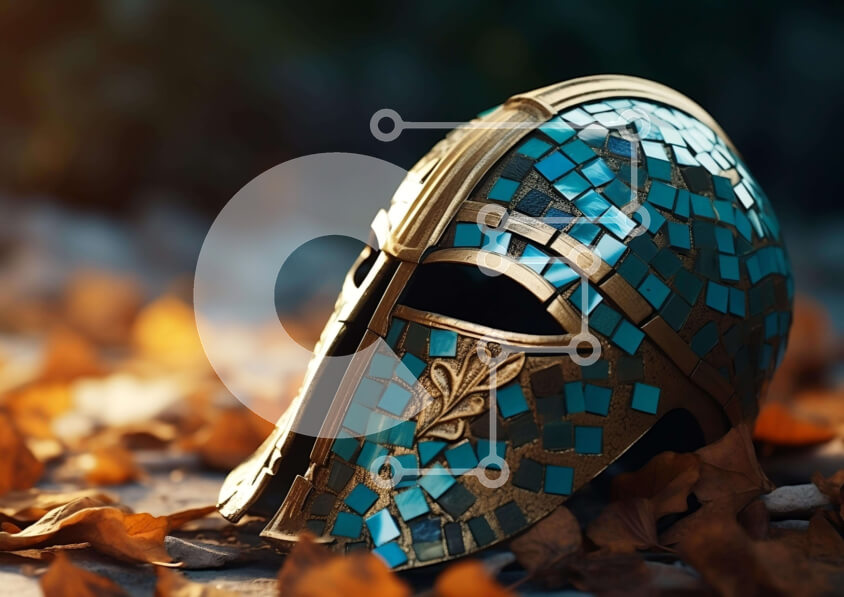 Intra Συλλεκτικό Ξύλινο Παζλ Plywood  4mm - Μπλε και χρυσό μωσαϊκό κράνος σε φύλλα Σε Ξύλινο Κουτί - Διαστάσεις: 10x10 cm – 25 κομμάτια