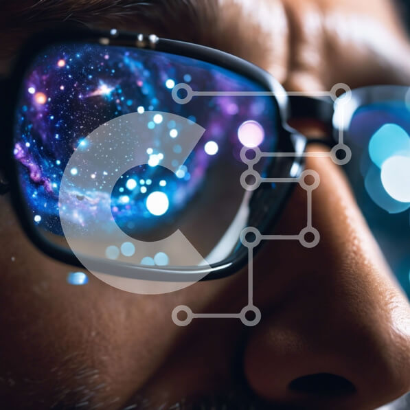 Intra Συλλεκτικό Ξύλινο Παζλ Plywood  4mm - Άνθρωπος με το διάστημα και τα αστέρια που αντανακλώνται σε γυαλιά Σε Ξύλινο Κουτί - Διαστάσεις Puzzle: 10x10 cm – 25 κομμάτια