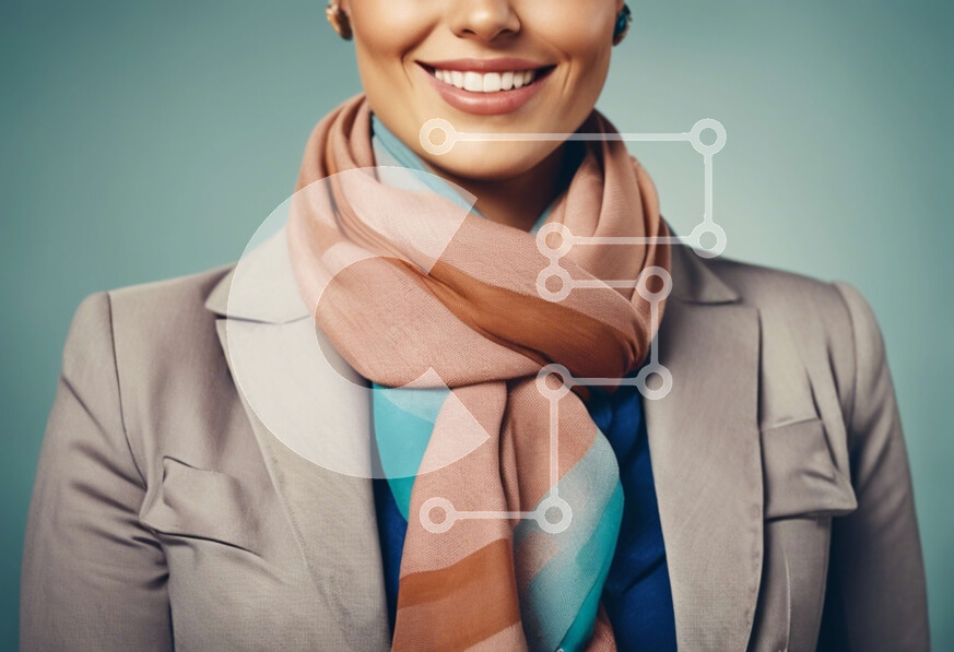 Intra Συλλεκτικό Ξύλινο Παζλ Plywood  4mm - Χαμογελαστή γυναίκα με κομψό κοστούμι και κασκόλ σε μπλε φόντο Σε Ξύλινο Κουτί - Διαστάσεις Puzzle: 10x10 cm – 25 κομμάτια