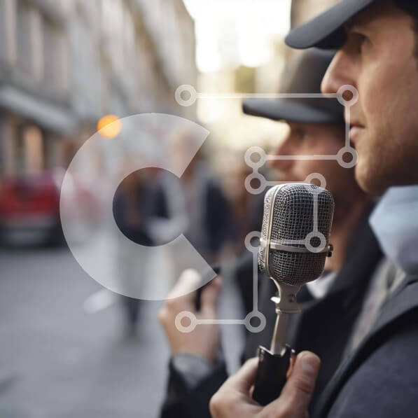 Intra Συλλεκτικό Ξύλινο Παζλ Plywood  4mm - Δύο άνδρες με μικρόφωνο στην αστική περιοχή Σε Ξύλινο Κουτί - Διαστάσεις Puzzle: 10x10 cm – 25 κομμάτια