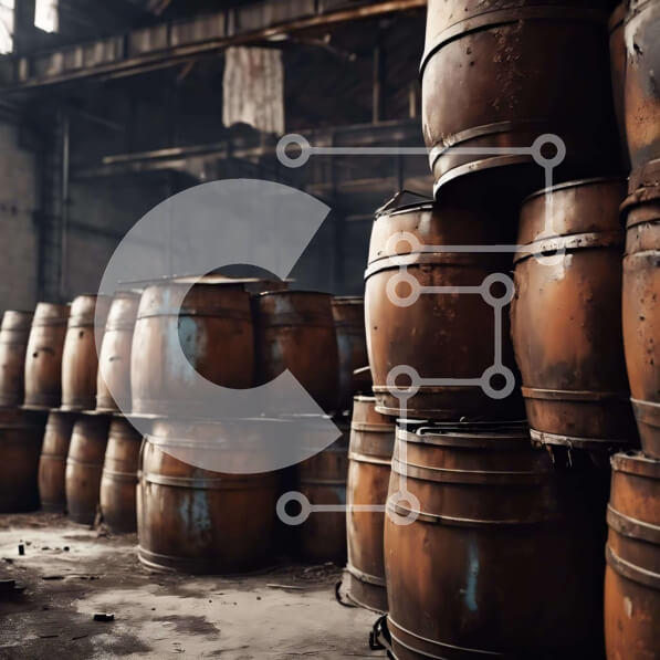 Intra Συλλεκτικό Ξύλινο Παζλ Plywood  4mm - Σκουριασμένα βαρέλια στη βιομηχανική αποθήκη Σε Ξύλινο Κουτί - Διαστάσεις Puzzle: 10x10 cm – 25 κομμάτια