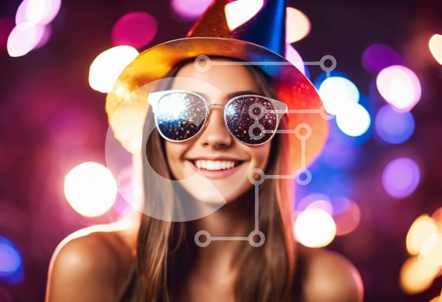 Intra Συλλεκτικό Ξύλινο Παζλ Plywood  4mm - Χαμογελαστή γυναίκα που φοράει γυαλιά ηλίου και καπέλο για πάρτι Σε Ξύλινο Κουτί - Διαστάσεις Puzzle: 10x10 cm – 25 κομμάτια