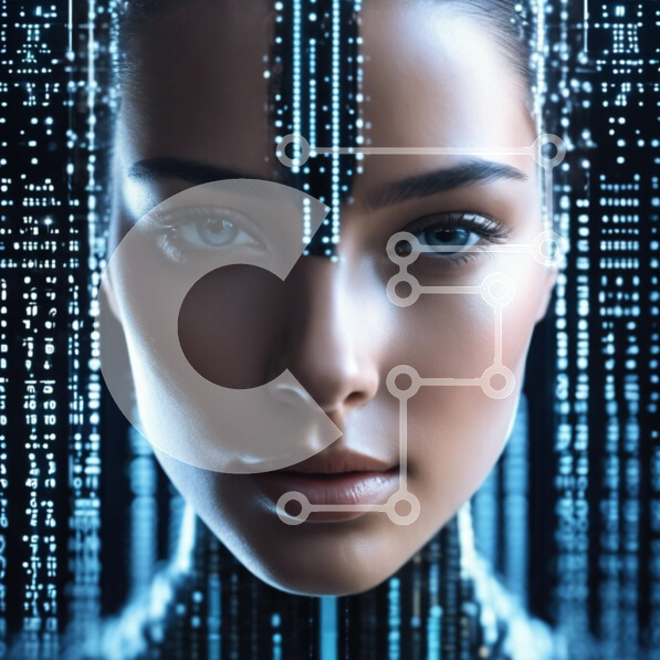 Intra Συλλεκτικό Ξύλινο Παζλ Plywood  4mm - Ψηφιακό πρόσωπο μιας γυναίκας με σύμβολα Cybernetics Σε Ξύλινο Κουτί - Διαστάσεις Puzzle: 10x10 cm – 25 κομμάτια