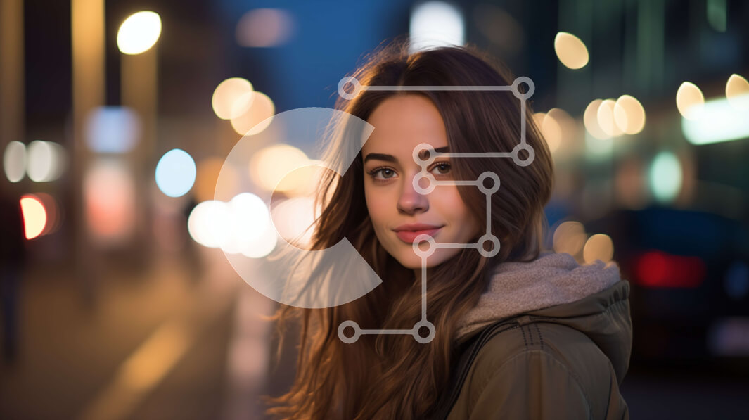 Intra Συλλεκτικό Ξύλινο Παζλ Plywood  4mm - Νεαρή γυναίκα με μακριά καστανά μαλλιά που ποζάρει σε έναν αστικό δρόμο τη νύχτα Σε Ξύλινο Κουτί - Διαστάσεις Puzzle: 10x10 cm – 25 κομμάτια