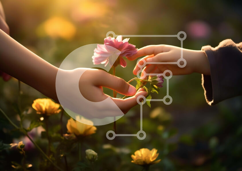 Intra Συλλεκτικό Ξύλινο Παζλ Plywood  4mm - Χέρι του παιδιού που απλώνει το λουλούδι στο ανοιχτό πεδίο Σε Ξύλινο Κουτί - Διαστάσεις: 10x10 cm – 25 κομμάτια