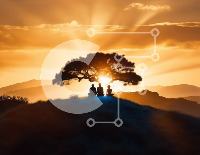 Intra Συλλεκτικό Ξύλινο Παζλ Plywood  4mm - Ομάδα που απολαμβάνει το ηλιοβασίλεμα κάτω από το δέντρο στην πλαγιά του λόφου Σε Ξύλινο Κουτί - Διαστάσεις: 10x10 cm – 25 κομμάτια