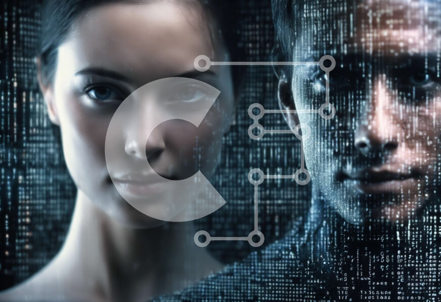 Intra Συλλεκτικό Ξύλινο Παζλ Plywood  4mm - Άνδρας και γυναίκα στέκονται μπροστά από ένα αφηρημένο ψηφιακό υπόβαθρο Σε Ξύλινο Κουτί - Διαστάσεις Puzzle: 10x10 cm – 25 κομμάτια